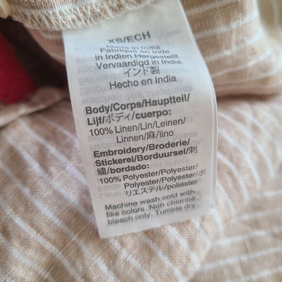 J. Crew Top XS Beige Striped Pink Embroidered Linen Boho Pullover Shirt - Picture 9 of 11